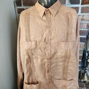 D’Accord Men’s 100% Linen Guayabera Shirt 1X Earthy Gold Wedding Shirt *read